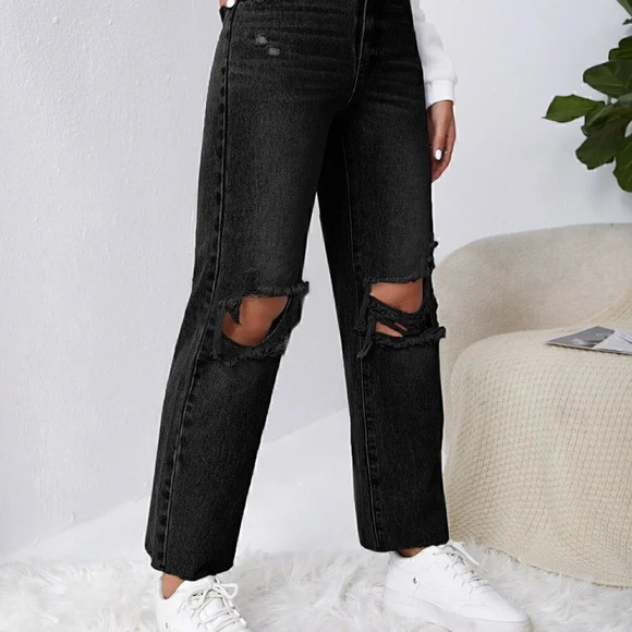 Black Casual Womens Ripped Raw Cut Straight Leg Jeans - Picture 4 of 5
